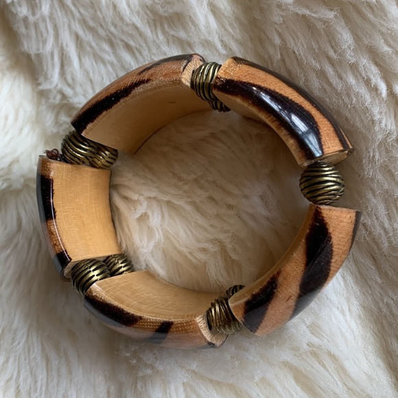 Vintage Stretch wood bangle beaded tiger striped bracelet - Picture 8 of 10